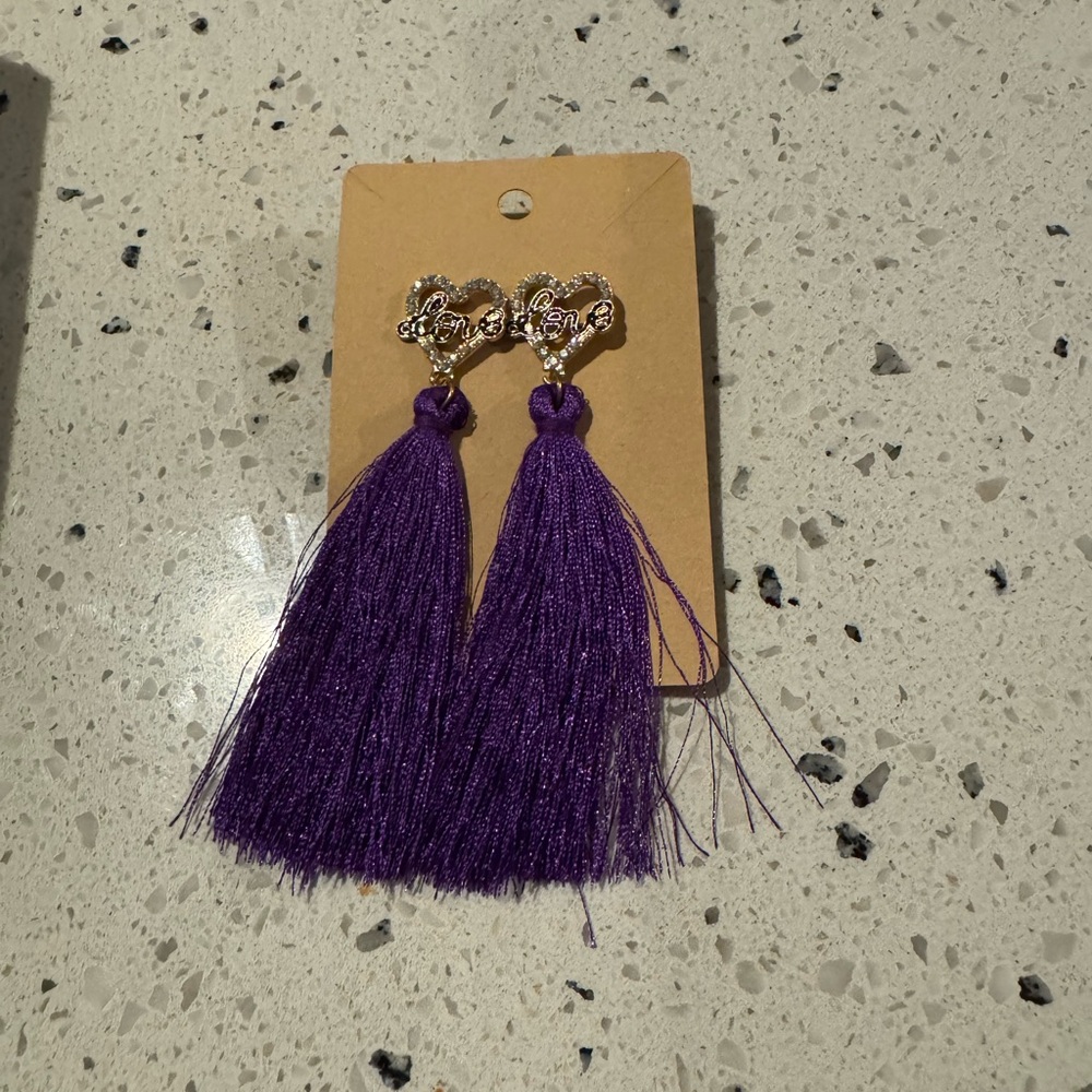 NWT Elegant Purple Tassel Earrings with Heart Accents